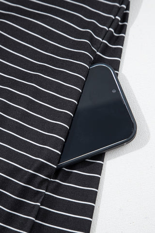 Black Stripe Ruffled Short Sleeve Crew Neck T Shirt Shift Mini Dress