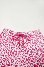 Pink Leopard Elastic Waist Lace up Contrast Trim Casual Shorts
