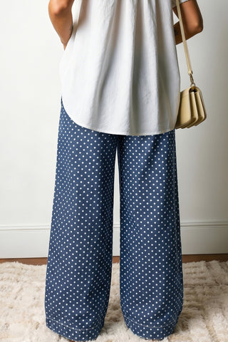 Sky Blue Polka Dot Print Button Pleated Detail Wide Leg Jeans