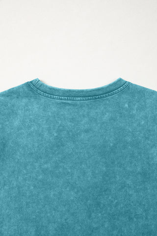 Turquoise Mineral Wash Western Embroidered Detail Short Puff Sleeve Cotton Tee