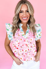 Multicolour Contrast Floral Patchwork Notched Neck Flutter Sleeve Blouse