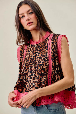 SO ME leopard-print blouse styled with jeans, showing the pink lace hem and button front.