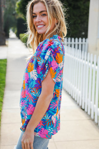All For You Aqua Tropical Print Frill Notch Neck Puff Sleeve Top