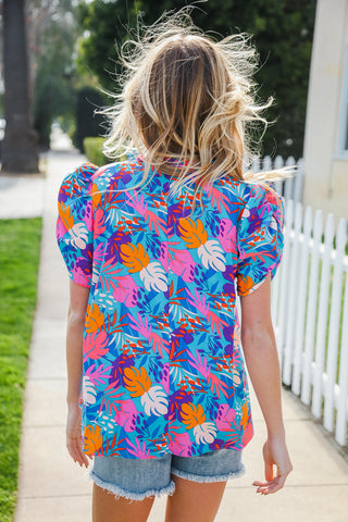 All For You Aqua Tropical Print Frill Notch Neck Puff Sleeve Top