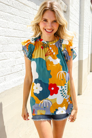 Be Bold Multicolor Abstract Print Flutter Sleeve Mock Neck Top