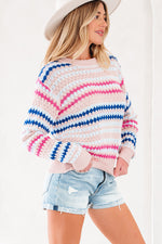 Khaki Stripe Eyelet Patterned Drop Shoulder Sweater
