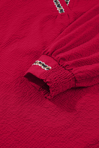 Racing Red Leopard Jacquard Print V Neck Textured Blouse