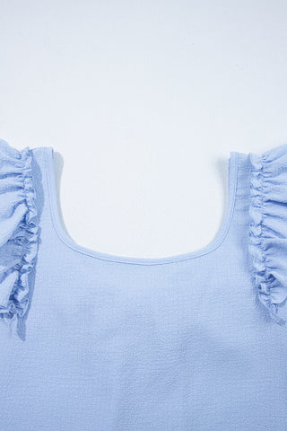 Beau Blue Textured Bow Knot Frilled Butterfly Sleeve Blouse