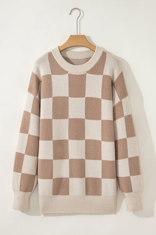 Grapefruit Orange Checkered Pattern Ribbed Trim Knit Baggy Sweater