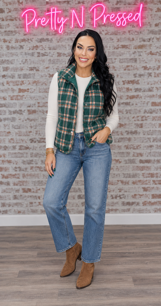 Put Together Evergreen Plaid Quilted Puffer Vest