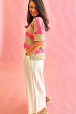 Pink Stripe Colorblock Short Sleeve Crew Neck Lightweight Sweater
