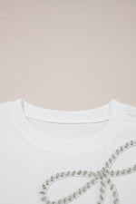 White Rhinestone Bow Embellished Round Neck Tee