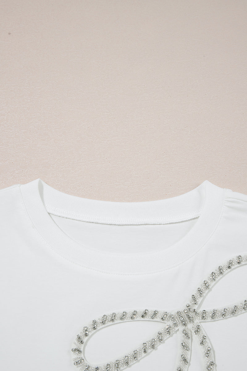 White Rhinestone Bow Embellished Round Neck Tee