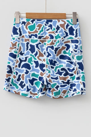 Blue Abstract Camo Printed Seam Detail Biker Shorts