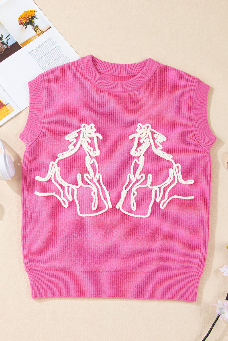 Bright Pink Western Horse Embroidered Round Neck Sweater Tee