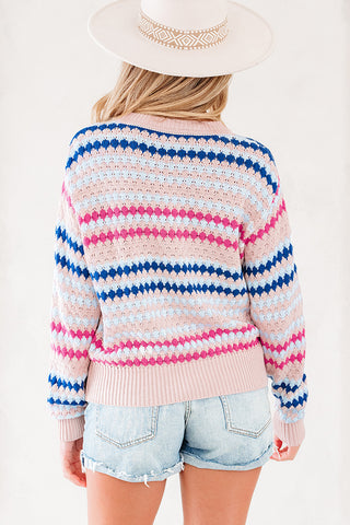 Khaki Stripe Eyelet Patterned Drop Shoulder Sweater