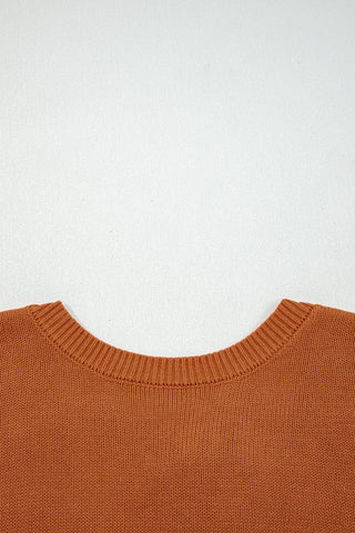 Gold Flame Solid Color Ribbed Trim Drop Shoulder Sweater