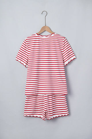 Red Stripe Scallop Trim Casual Top 2pcs Short Set