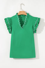 Scallop Trim Layered Short Sleeve V Neck Blouse