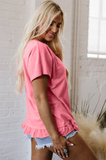 Pink Frilled Hem Loose T-Shirt