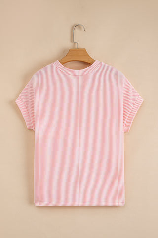 Light Blue Corded Knit Color Block Pocketed Crew Neck T Shirt