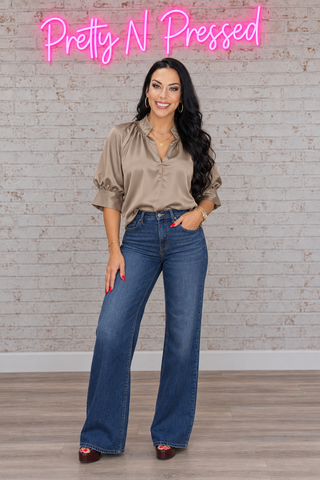 Satin V Neck Open Short Sleeve Woven Blouse Top