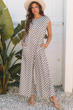 Apricot Checkered Print Buttoned Crew Neck Wide Leg Jumpsuit