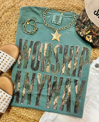 Worship Anyway Camo Tee or Long Sleeve in Light Green