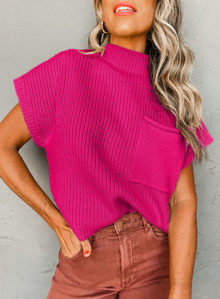 Dark Blue Patch Pocket Ribbed Knit Short Sleeve Sweater
