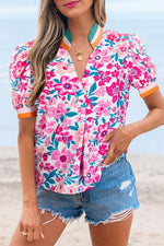 Pink Floral Print Contrast Striped Detail Short Sleeve Blouse