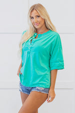 Mint Green Solid Color Half Sleeve Buttons Henley Top