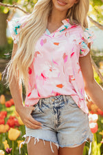 Multicolour Contrast Floral Patchwork Notched Neck Flutter Sleeve Blouse