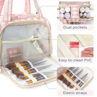 Striped toiletry bag front pocket with brush holders, elastic straps and a wipe-clean panel