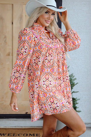 Sky Blue Abstract Printed Long Sleeve Tied Neckline Mini Dress