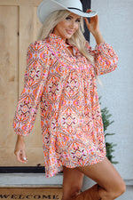 Sky Blue Abstract Printed Long Sleeve Tied Neckline Mini Dress