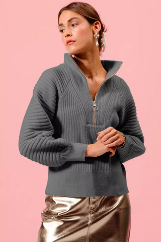 Front view of the SO ME charcoal half-zip sweater with ribbed texture and balloon sleeves.