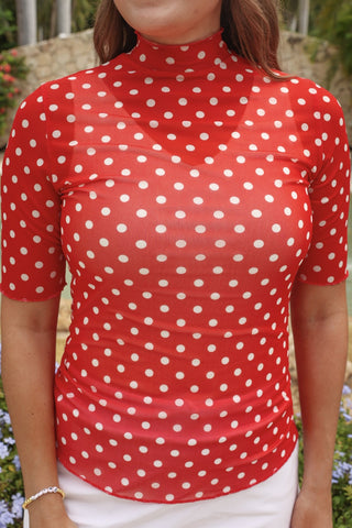 PREORDER- Kora Short Sleeve Mesh Top- Red Polka Dot