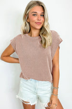 Gray Twisted Rib Wide Sleeve Crew Neck T Shirt