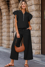 Apricot Textured Ruffled Sleeve Zipped Top and Wide Leg Pants Set