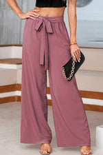 Coffee High Waisted Tie Front Side Pocket Wide Leg Flowy Casual Pants