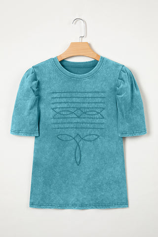 Turquoise Mineral Wash Western Embroidered Detail Short Puff Sleeve Cotton Tee