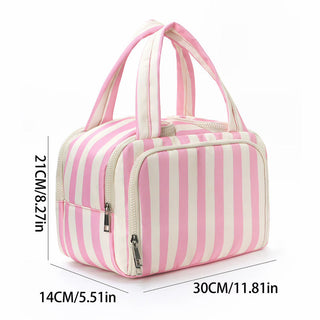 Striped toiletry bag dimension diagram: 30 cm wide, 14 cm deep and 21 cm high