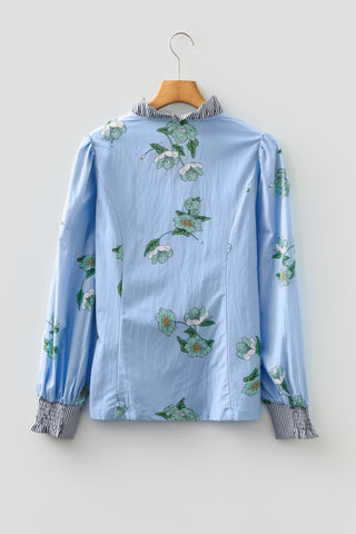 Sky Blue Floral Print Contrast Striped Trim Ruffled V Neck Fall Blouse