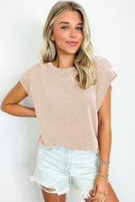 Gray Twisted Rib Wide Sleeve Crew Neck T Shirt