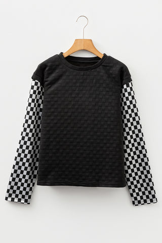 Black Plaid Textured Contrast Checkered Patchwork Long Sleeve Top