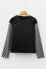 Black Plaid Textured Contrast Checkered Patchwork Long Sleeve Top