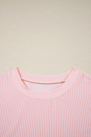 Light Blue Corded Knit Color Block Pocketed Crew Neck T Shirt