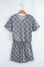 Pink Checkered V Neck Tee Drawstring Shorts Lounge Set