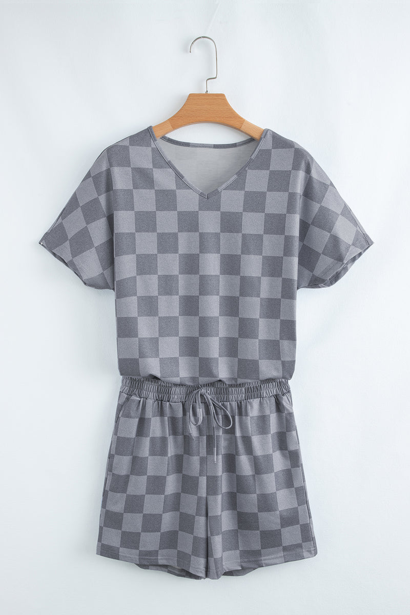 Pink Checkered V Neck Tee Drawstring Shorts Lounge Set