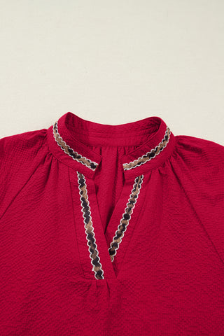 Racing Red Leopard Jacquard Print V Neck Textured Blouse